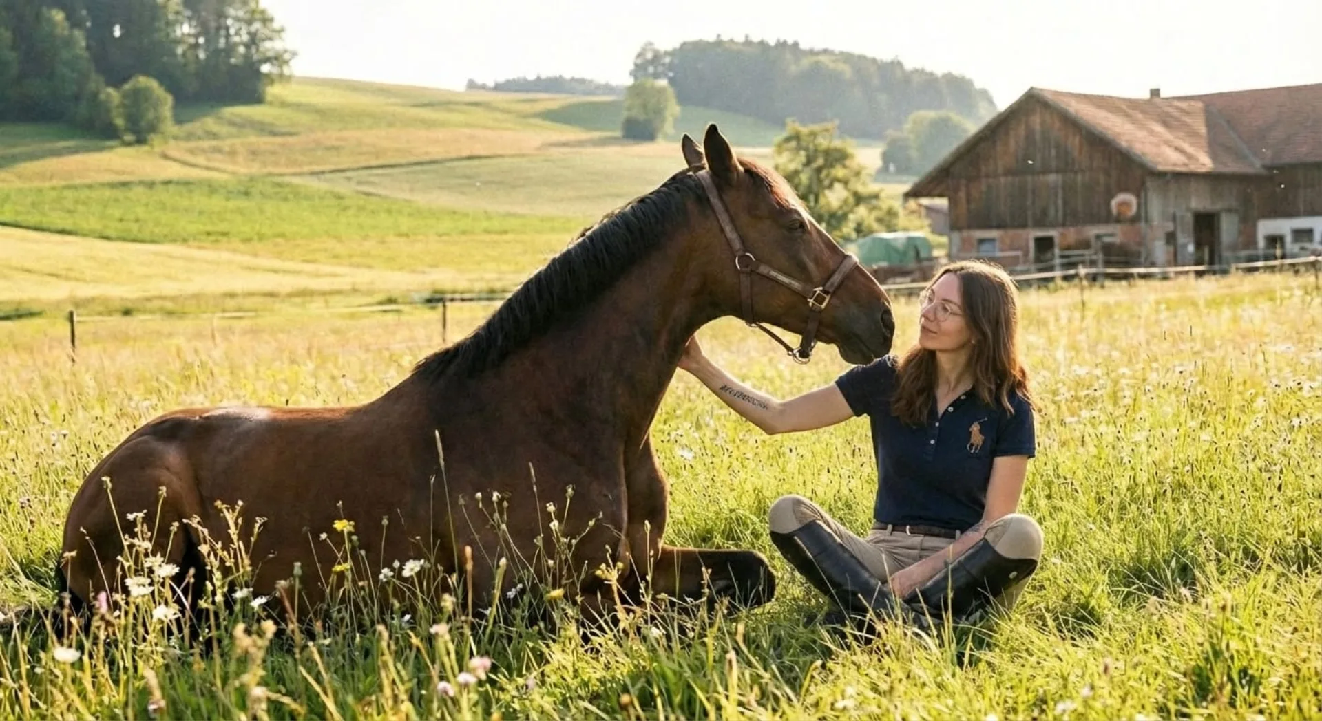Pferdephysiotherapeutin sitzt neben einem liegenden Pferd auf einer Wiese bei München