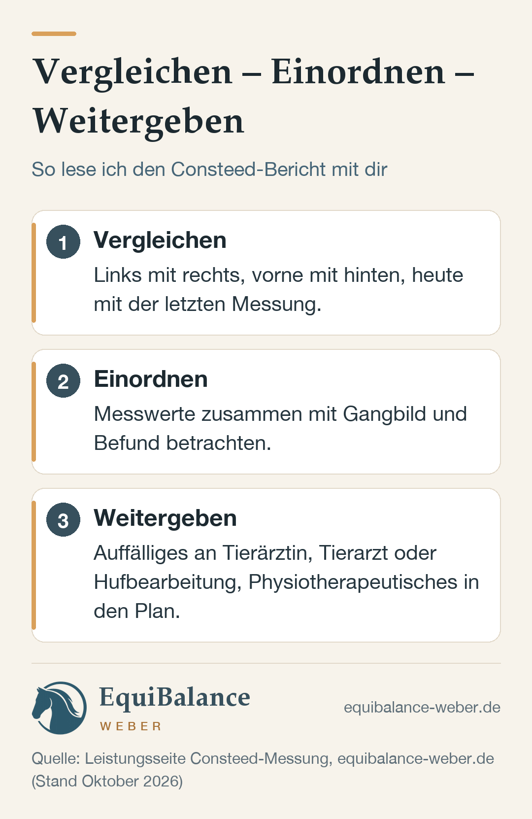 Vergleichen – Einordnen – Weitergeben: So lese ich den Consteed-Bericht. 1. Vergleichen: links mit rechts, vorne mit hinten, heute mit der letzten Messung. 2. Einordnen: Messwerte zusammen mit Gangbild und Befund betrachten. 3. Weitergeben: Auffälliges an Tierärztin, Tierarzt oder Hufbearbeitung, Physiotherapeutisches in den Plan.