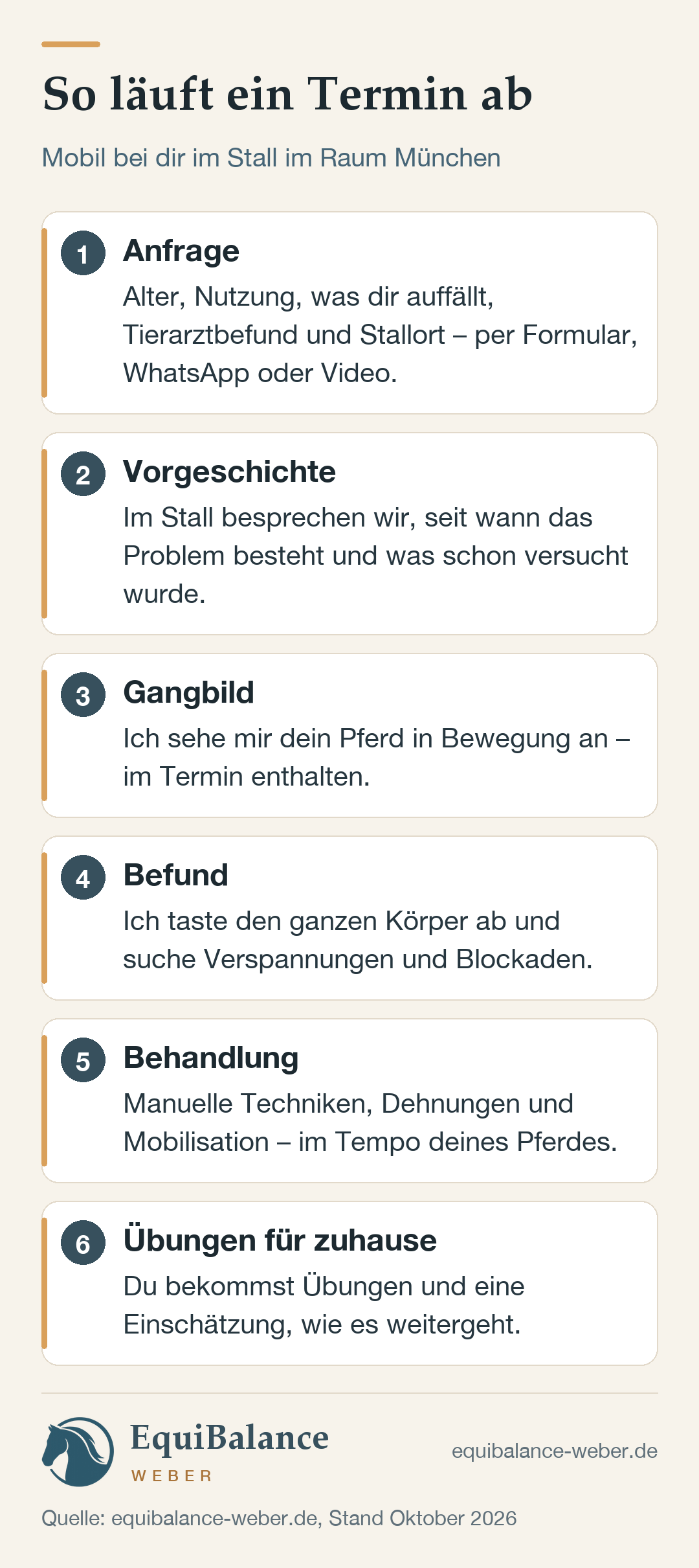 So läuft ein Termin ab, in sechs Schritten: Anfrage mit Alter, Nutzung, Auffälligkeiten, Tierarztbefund und Stallort; Vorgeschichte im Stall besprechen; Gangbild ansehen, im Termin enthalten; Befund durch Abtasten des ganzen Körpers; Behandlung mit manuellen Techniken, Dehnungen und Mobilisation; Übungen für zuhause und Einschätzung, wie es weitergeht.